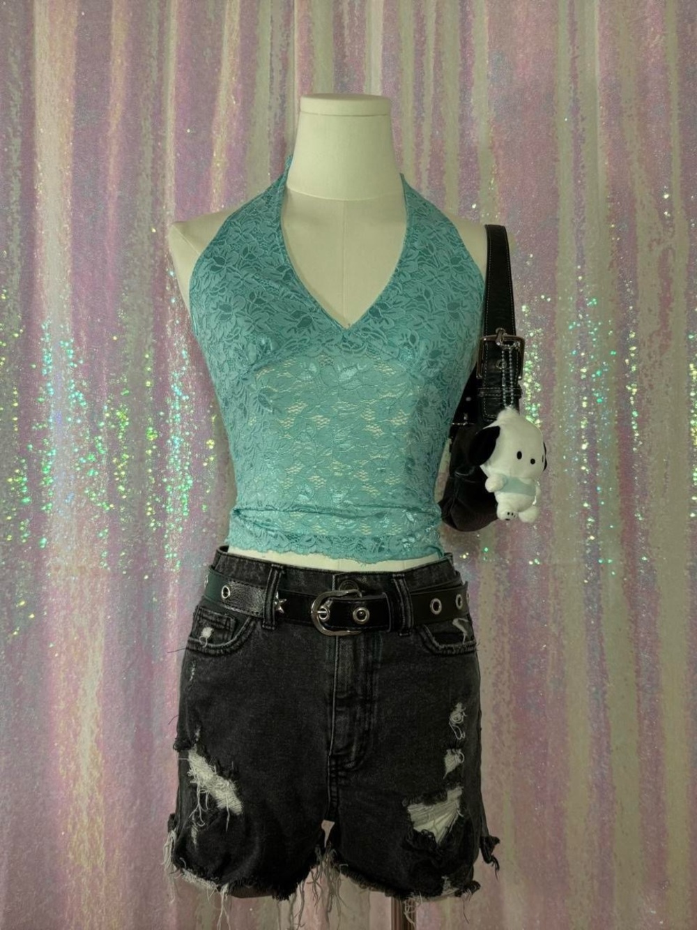 Body Central Light Blue Floral Lace Y2K Halter Neck Tank Top ★彡